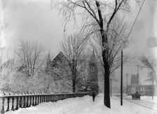 Church and Grand River Avenue in snow, Detroit, Mich., between 1900 and 1905. Creator: Unknown