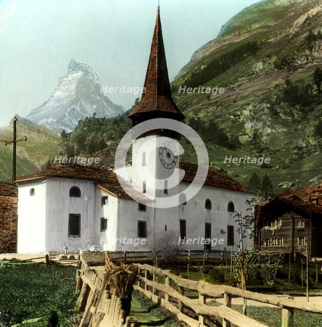 Church and Matterhorn, Zermatt, Switzerland. Artist: Unknown