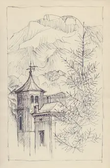 Church and mountains, Italy, c1950. Creator: Shirley Markham