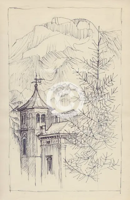 Church and mountains, Italy, c1950. Creator: Shirley Markham.
