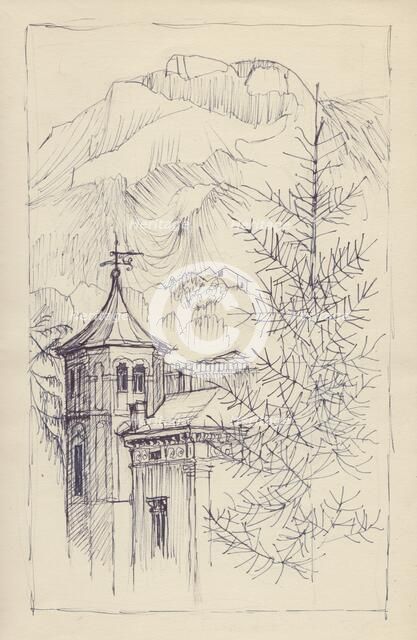 Church and mountains, Italy, c1950. Creator: Shirley Markham.