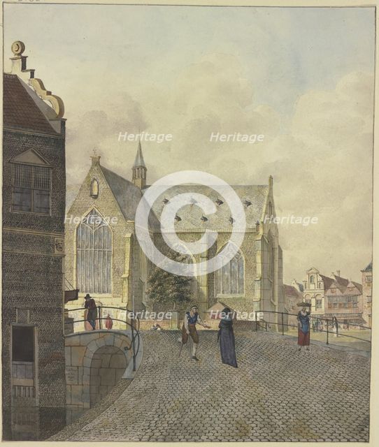 Church by a bridge, a lame beggar with a lady, 1797. Creator: Johannes Huibert Prins.