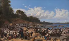 Church-Goers Arriving by Boat at the Parish Church of Leksand on Siljan Lake, Sweden, 1853. Creator: Wilhelm Marstrand