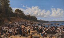 Church-Goers Arriving by Boat at the Parish Church of Leksand on Siljan Lake, Sweden, 1853. Creator: Wilhelm Marstrand