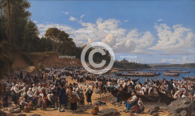 Church-Goers Arriving by Boat at the Parish Church of Leksand on Siljan Lake, Sweden, 1853. Creator: Wilhelm Marstrand.