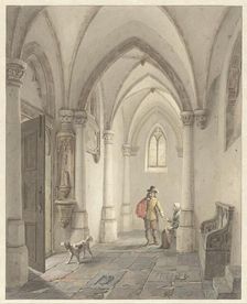 Church interior with man giving alms to a beggar, 1817-1879. Creator: George Gillis Haanen