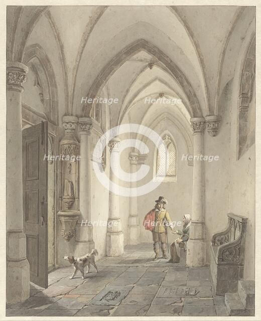 Church interior with man giving alms to a beggar, 1817-1879. Creator: George Gillis Haanen.
