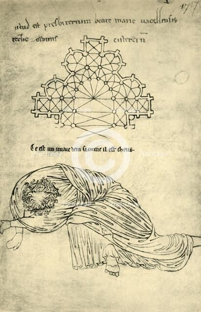 Church plan and sleeping apostle, 1220-1240, (1943).  Creator: Villard de Honnecourt.