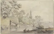 Church tower and several buildings by a body of water, two women in a boat..., 18th century. Creator: Jean-Baptiste Lallemand