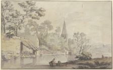 Church tower and several buildings by a body of water, two women in a boat..., 18th century. Creator: Jean-Baptiste Lallemand
