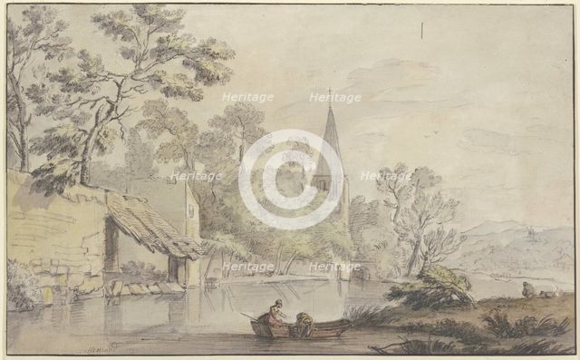 Church tower and several buildings by a body of water, two women in a boat..., 18th century. Creator: Jean-Baptiste Lallemand.