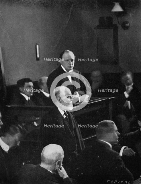 'Churchill giving evidence regarding the Sidney Street incident', 1911, (1945). Artist: Unknown.