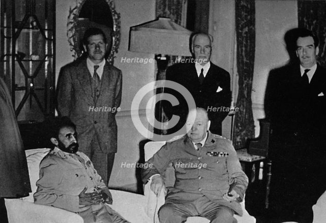 'Churchill in Cairo, with Ethiopian Emperor, Haile Selassie', 1943, (1945).  Artist: Unknown.
