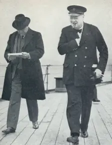 Churchill, jubilant, aboard H.M.S. Prince of Wales with Lord Beaverbrook, about to say farewell t