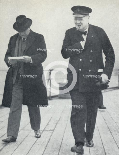 'Churchill, jubilant, aboard H.M.S. Prince of Wales with Lord Beaverbrook, about to say farewell t