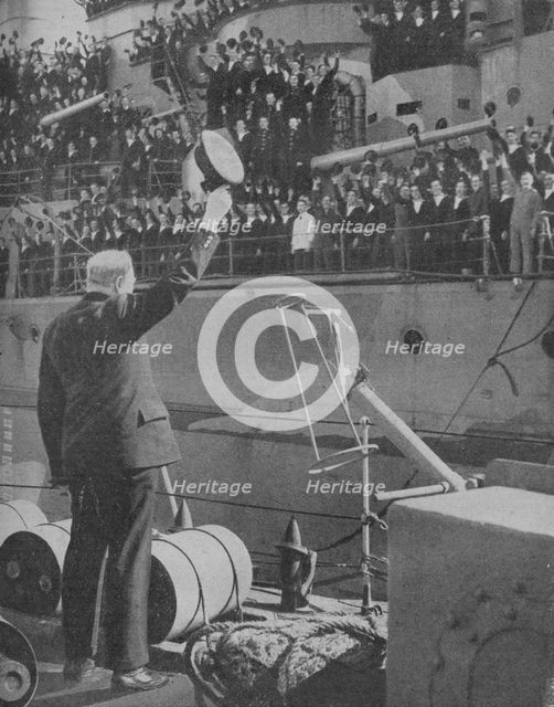 Churchill responds to the cheers from the crew of HMS Prince of Wales', 1941. Artist: Unknown.