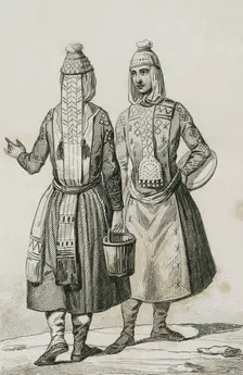 Chuvash people wearing traditional clothing, 1839. Creator: Augustin François Lemaitre
