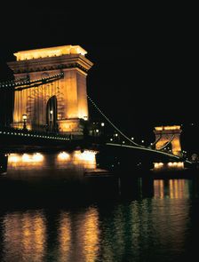 Chain Bridge (at night), Budapest, Hungary. Creator: Peter Thompson