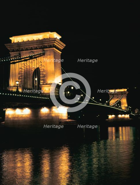 Chain Bridge (at night), Budapest, Hungary. Creator: Peter Thompson.
