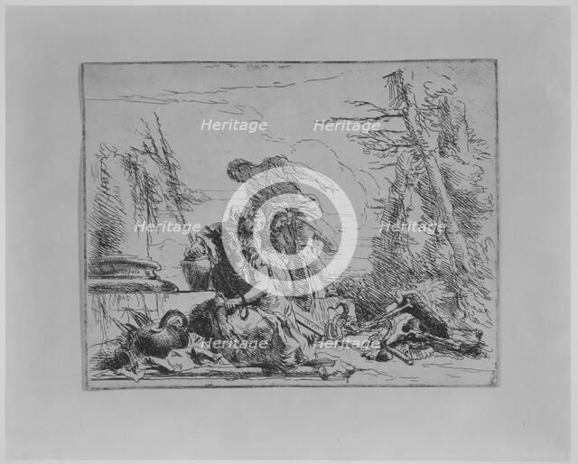 Chained Woman and Other Figures Regarding a Pyre of Bones, from the Capricci, 1743. Creator: Giovanni Battista Tiepolo.