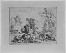 Chained Woman and Other Figures Regarding a Pyre of Bones, from the Capricci, 1743. Creator: Giovanni Battista Tiepolo