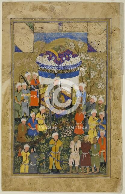 Chained Prisoners are Brought Before a King, a scene from the Gulistan of Sa'di, c. 1550. Creator: Unknown.