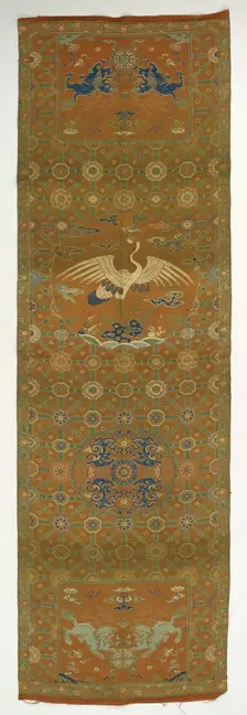 Chair cover with a crane, lions, dragons, auspicious symbols and floral..., Qing dynasty, 18th cent. Creator: Unknown