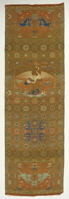 Chair cover with a crane, lions, dragons, auspicious symbols and floral..., Qing dynasty, 18th cent. Creator: Unknown