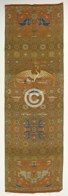 Chair cover with a crane, lions, dragons, auspicious symbols and floral..., Qing dynasty, 18th cent. Creator: Unknown.