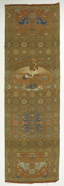 Chair cover with a crane, lions, dragons, auspicious symbols and floral..., Qing dynasty, 18th cent. Creator: Unknown