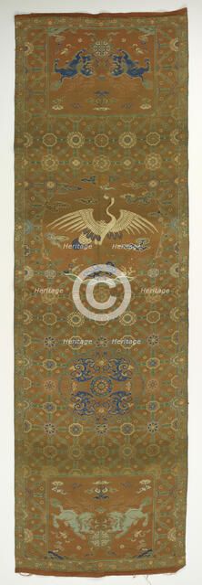 Chair cover with a crane, lions, dragons, auspicious symbols and floral..., Qing dynasty, 18th cent. Creator: Unknown.