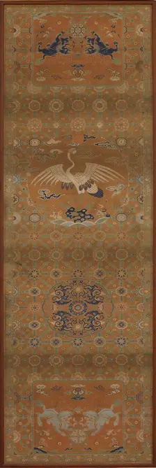 Chair cover with a crane, lions, dragons, auspicious symbols..., Qing dynasty, 18th century. Creator: Unknown