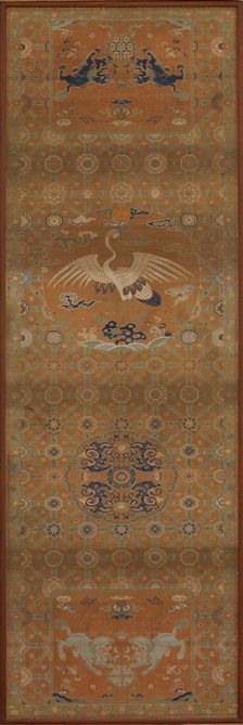 Chair cover with a crane, lions, dragons, auspicious symbols..., Qing dynasty, 18th century. Creator: Unknown
