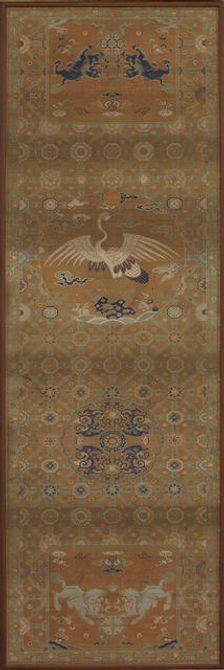 Chair cover with a crane, lions, dragons, auspicious symbols..., Qing dynasty, 18th century. Creator: Unknown