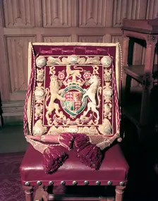 Chair decorated with the Royal Coat of Arms, 1953. Creator: Arthur Charles Kirby Ware