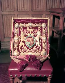 Chair decorated with the Royal Coat of Arms, 1953. Creator: Arthur Charles Kirby Ware