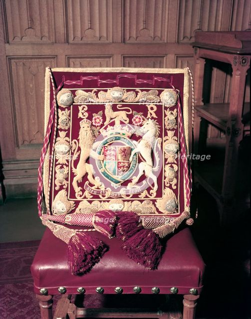 Chair decorated with the Royal Coat of Arms, 1953. Creator: Arthur Charles Kirby Ware.
