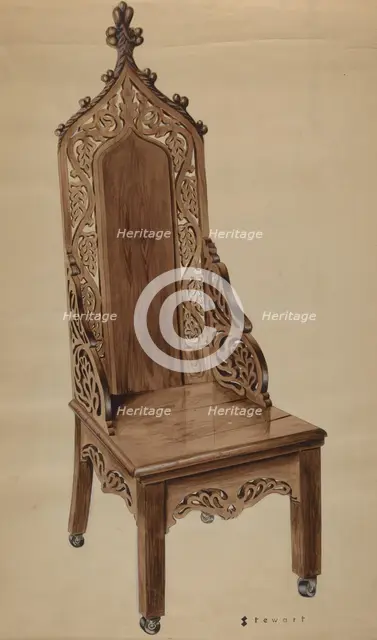 Chair with Carved Grape Leaf Decoration and Gothic Top, c. 1937. Creator: Robert Stewart.