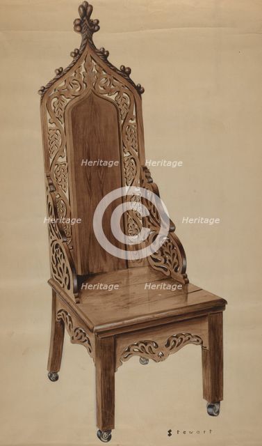 Chair with Carved Grape Leaf Decoration and Gothic Top, c. 1937. Creator: Robert Stewart.