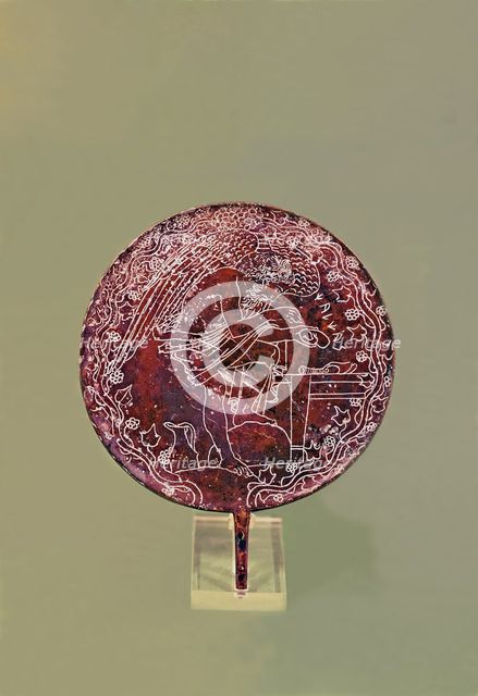 Chalcas Aruspex examining a liver, representation in a bronze mirror.