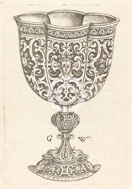 Chalice with six embossings, base decorated with two dolphins, published 1579. Creator: Georg Wechter I.