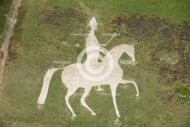 Chalk cut hill figure of George III on horseback, White Horse Hill, near Osmington, Dorset, 2015. Creator: Damian Grady.
