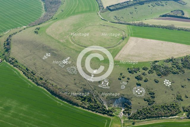 Chalk military badges and Chisenbury Camp univallate hillfort, Fovant Down, Wiltshire, 2015. Creator: Historic England Staff Photographer.