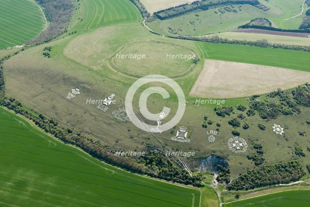 Chalk military badges and Chisenbury Camp univallate hillfort, Fovant Down, Wiltshire, 2015. Creator: Historic England Staff Photographer.