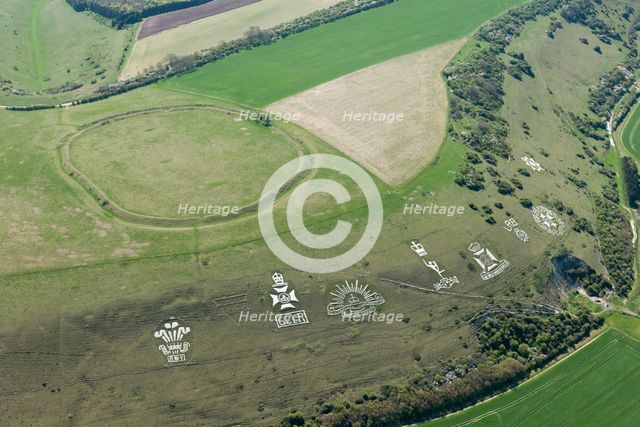 Chalk military badges and Chisenbury Camp univallate hillfort, Fovant Down, Wiltshire, 2015. Creator: Historic England Staff Photographer.