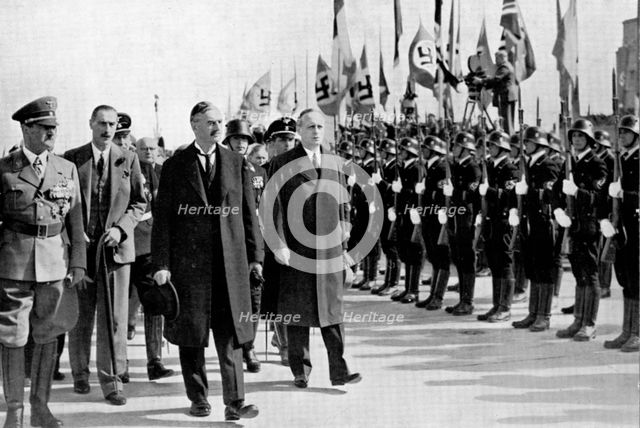 Chamberlain, Ribbentrop and Hitler at Munich, 1938. Artist: Unknown