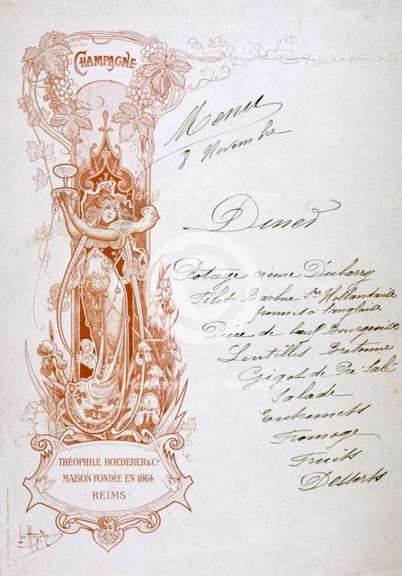 Champagne advertisement on a menu, 19th century. Artist: Unknown
