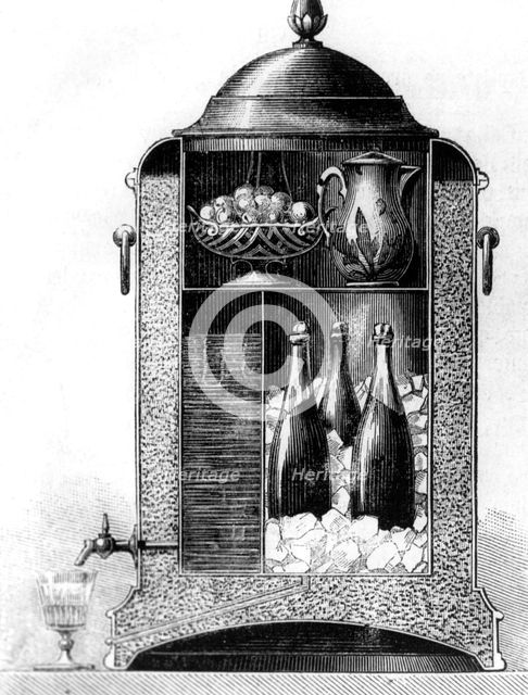 Champagne cooler with ice water on tap, 1872. Creator: Unknown.