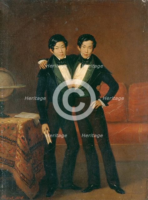 Chang and Eng Bunker, 1836. Creator: Edouard Pingret.