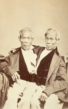Chang and Eng, conjoined twins, seated, c1860. Creator: Unknown